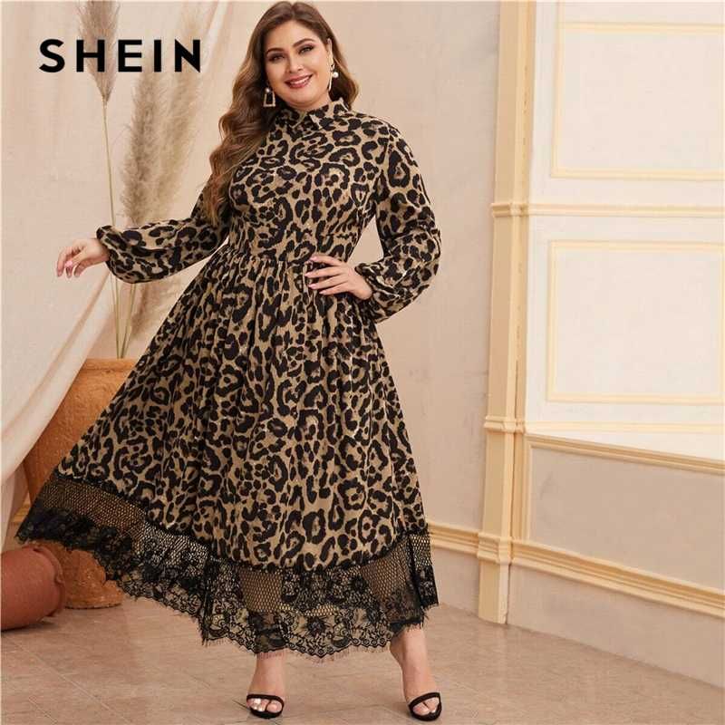 Lantern Sleeve Lace Hem Leopard Print 