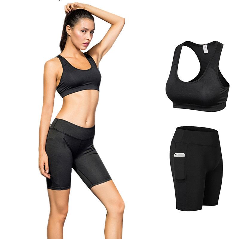 yoga shorts and sports bra