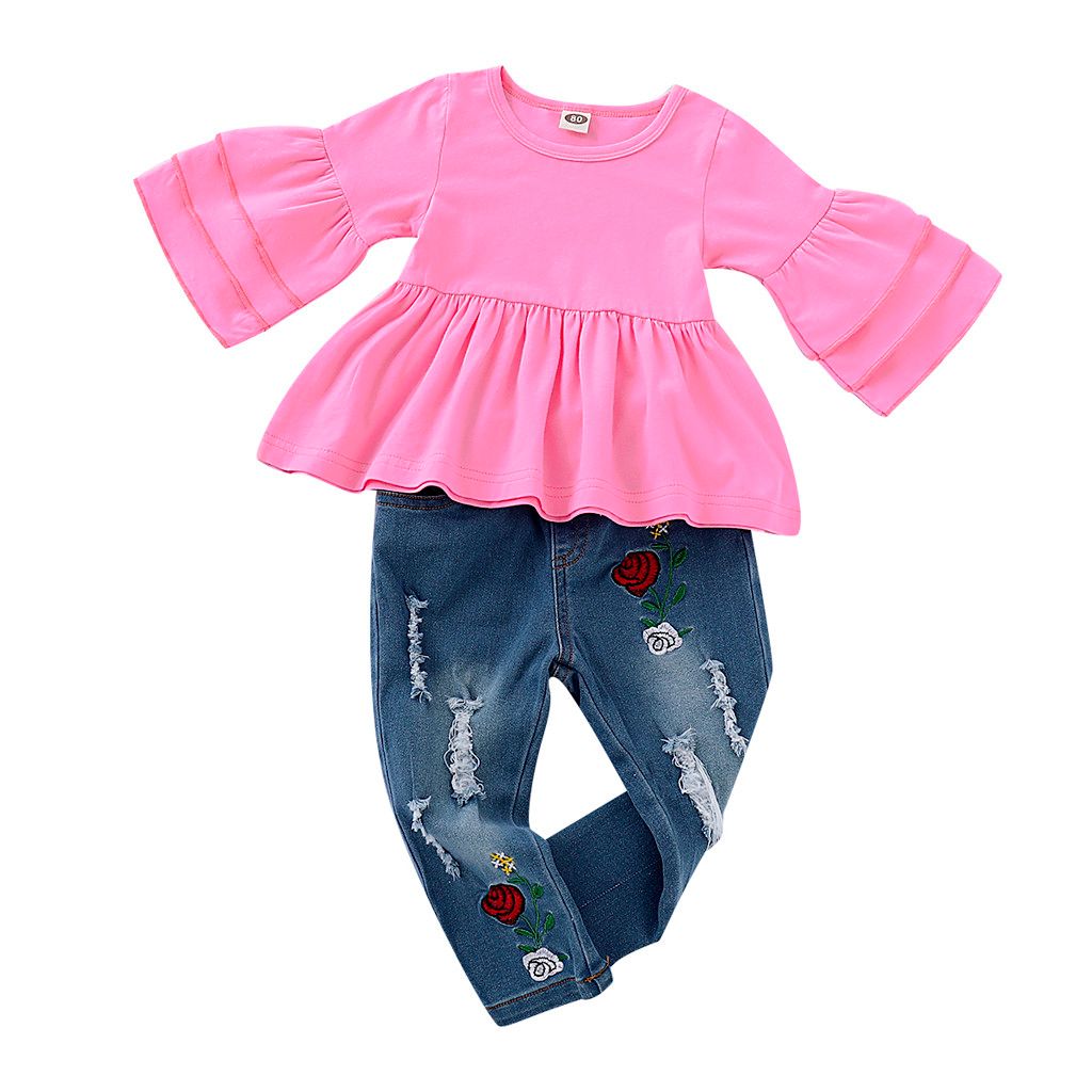 Kids Toddler Baby Girls Outfit Clothes Frill T Shirt Tops+Embroidery Denim Pants