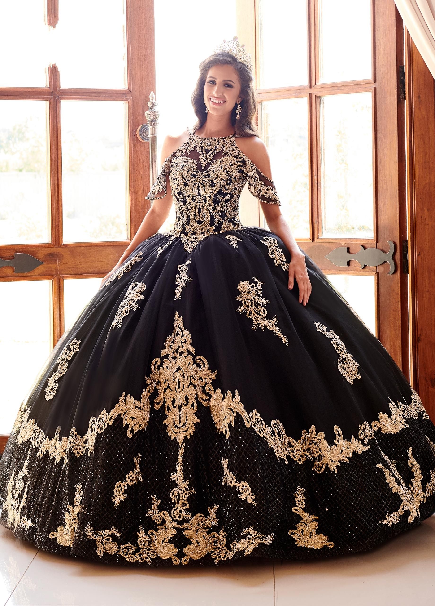 2020 Modest Black Gold Lace Sweet 15 