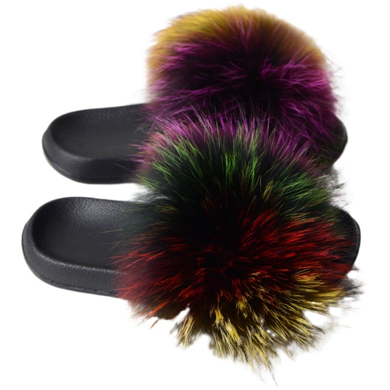 faux raccoon fur slides