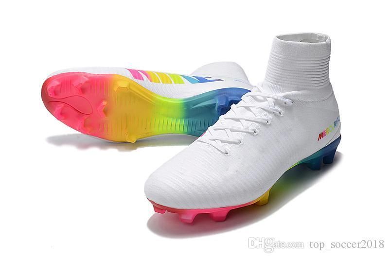 white and rainbow football boots