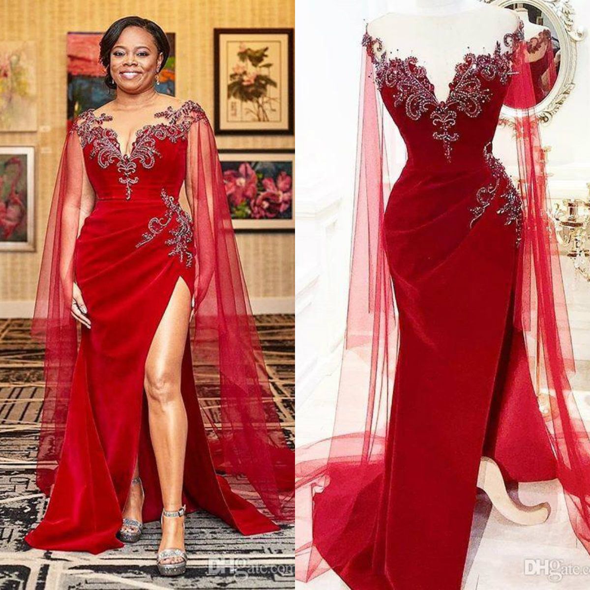 Red Mermaid African Girls Evening Dresses With Long Tulle Wrap 2020
