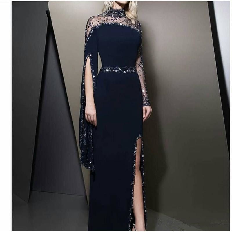 high neck navy gown