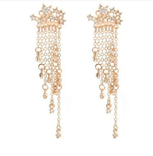 UK Shooting Crystal Bling Star Rhinestone Long Tassels Drop Hook Dangle Earrings