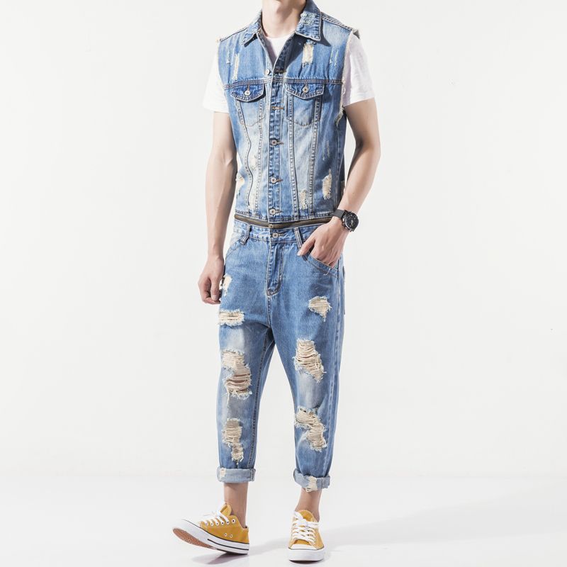 Men Denim Jumpsuit Detachable Jeans Overalls Casual Slim Rompers Cowboy  Trousers