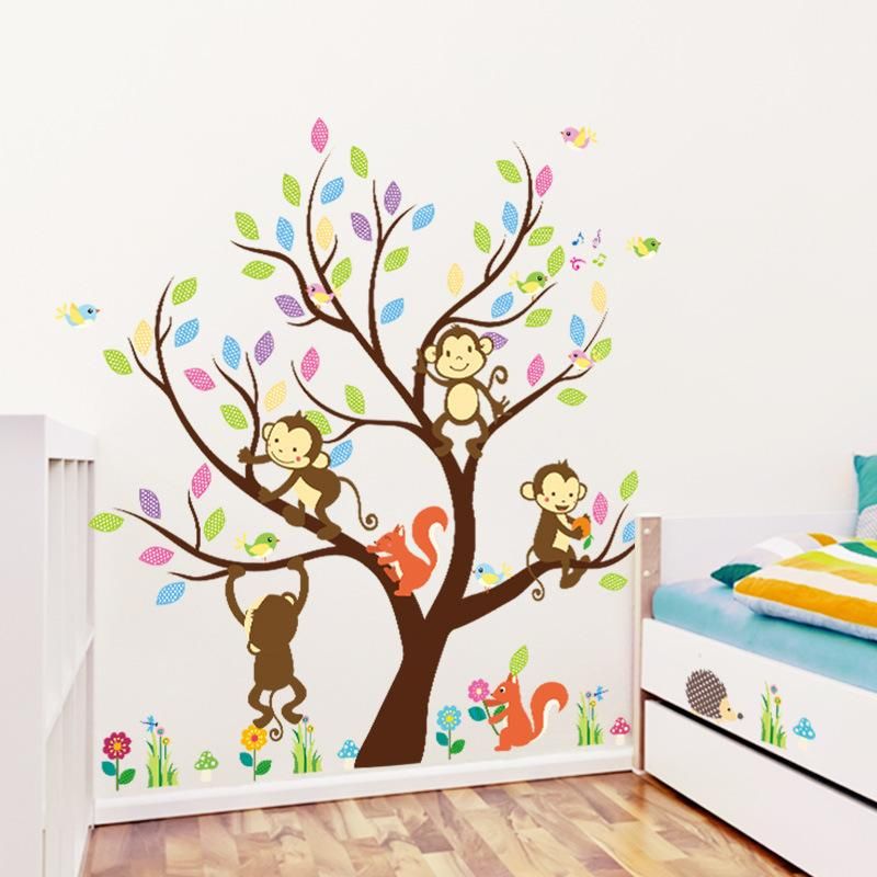 Lovely Squirrel On Long Tree Branch Wall Sticker 3D Art for Kid Room Home Decor