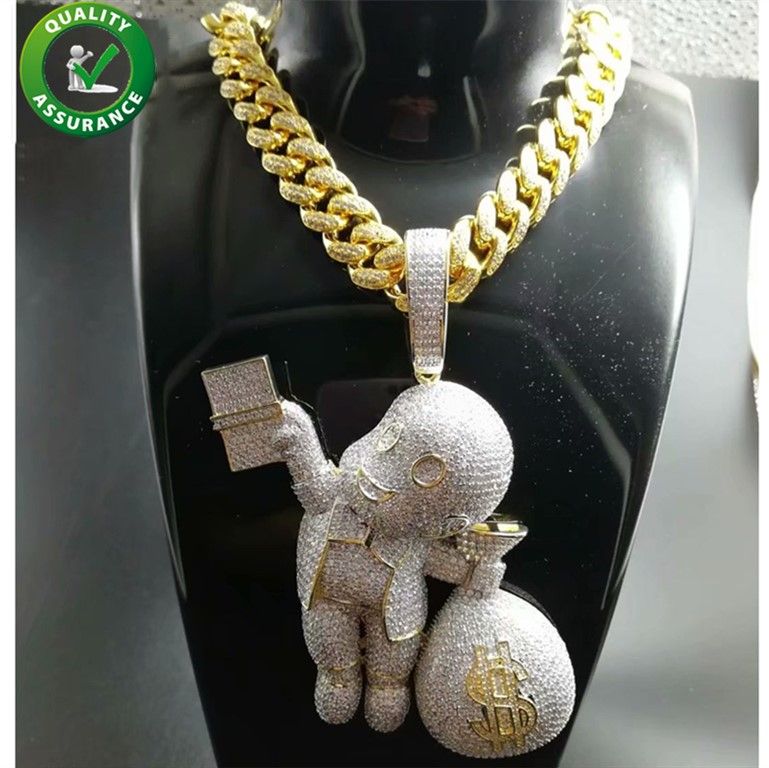 Iced Out Ocean Waves Pendant Necklace Hip Hop Jewelry Cubic Zirconia Mens Necklace
