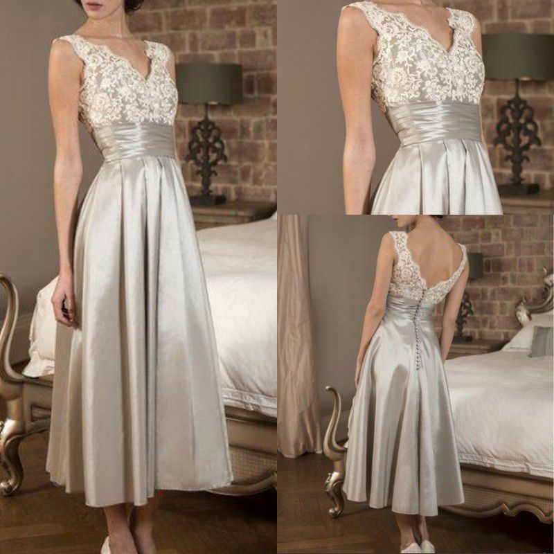 silver tea length wedding dresses
