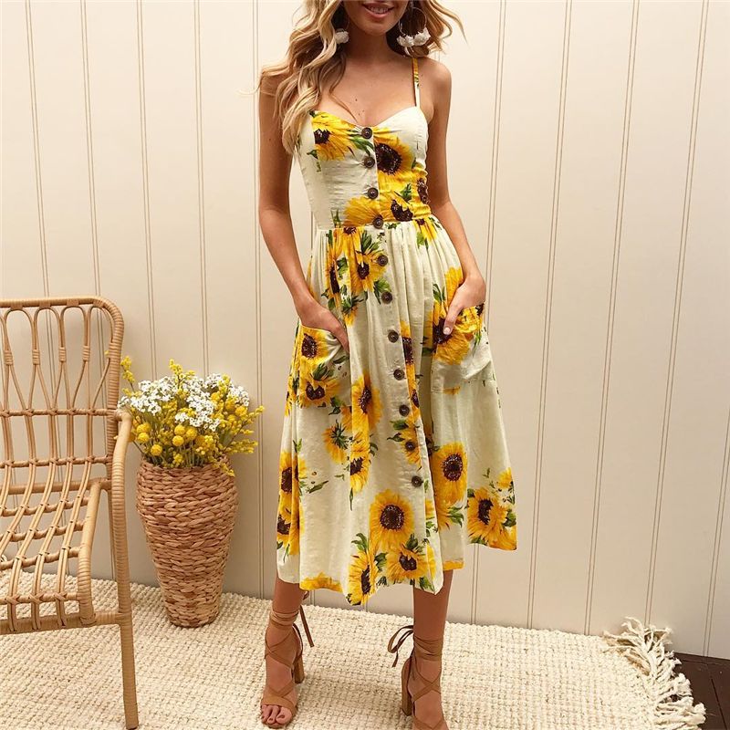 Womens Casual Beach Summer Dresses Solid Cotton Flattering A-Line Spaghetti Strap Button Down Midi Sundress