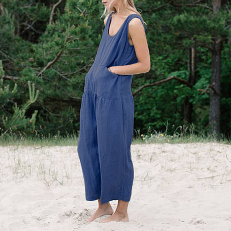 blue linen overalls