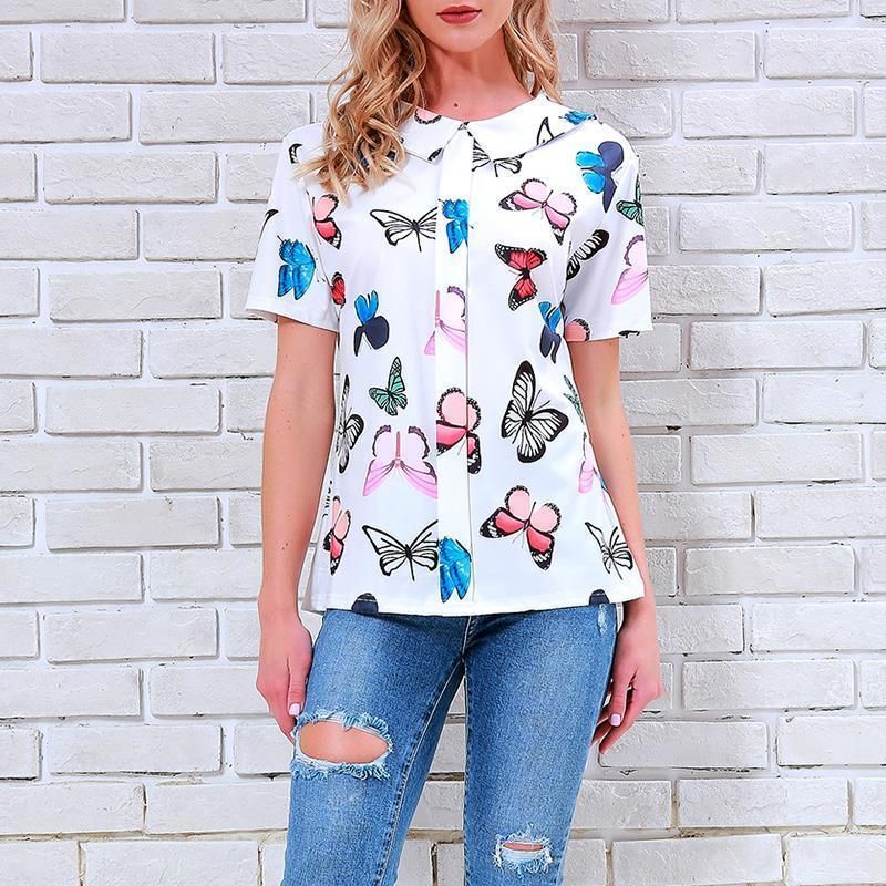 2020 Pop 2019 Summer Shirts Women Short Sleeve Butterfly Print