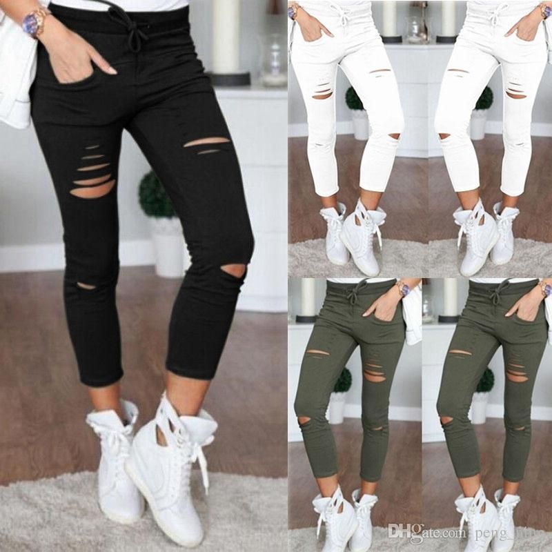 Compre Nuevo Skinny Jeans Mujer Pantalones De Mezclilla Agujeros