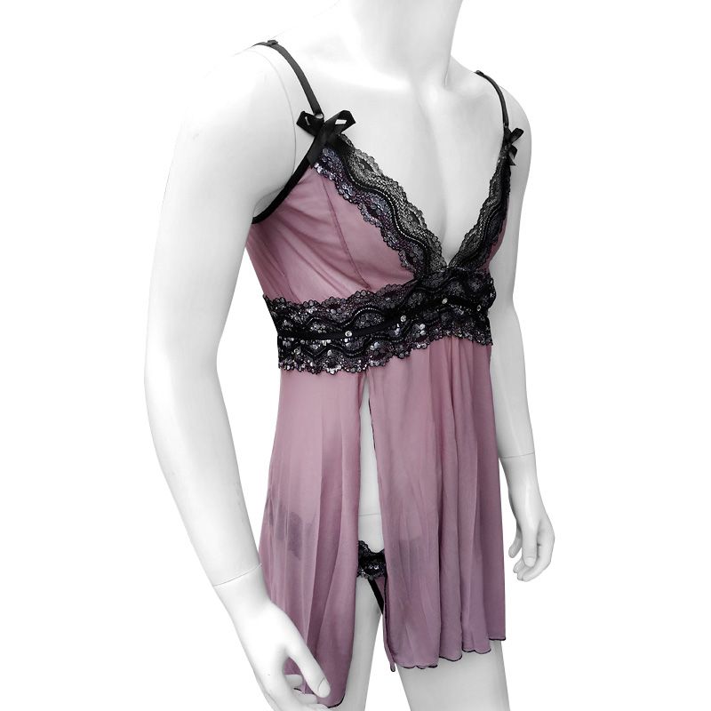 iiniim Mens V-Neck Sheer Lace Floral Mesh Sissy Mini Night Dress with Closed Sheath G-String Nightwear Lingerie Set 