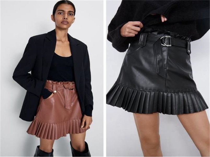 drop waist pleated leather skirt