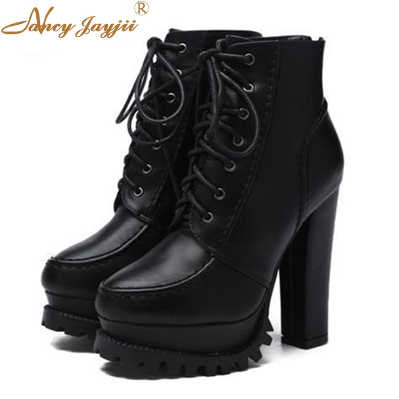 Women Ankle Boots Lace-Up Round Toe Sweet Cross-Tied Square High Heels Martin Motorcycle Rubber Shoes