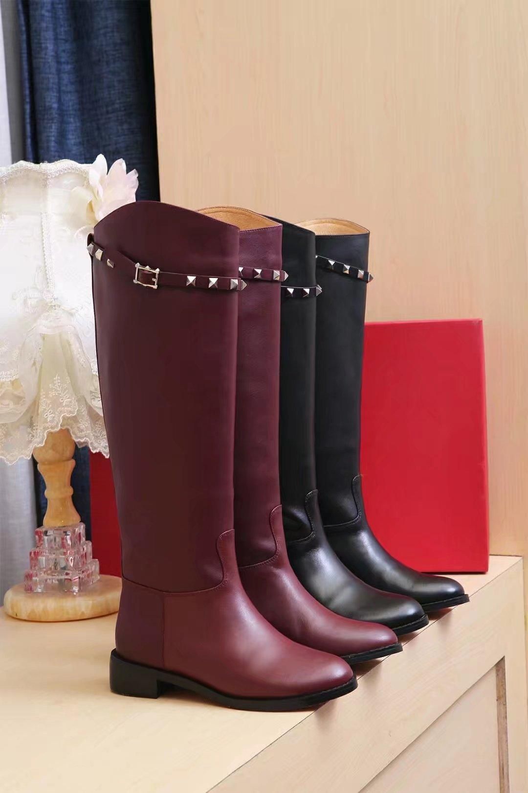 red leather knee high flat boots