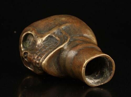 Japan Superb Old Bronze Hand Carved Skull Statue Walking Stick Head