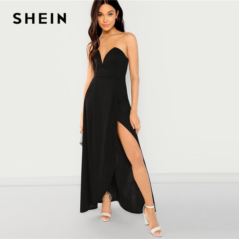 Compra Shein Negro Palabra De Honor Del Hombro Partido Se Dividió Vestido  Sólido Atractivo Delgado Llano Maxi Vestidos De Las Mujeres Otoño Moderno  Vestido De La Señora Elegante Barato | Entrega Rápida
