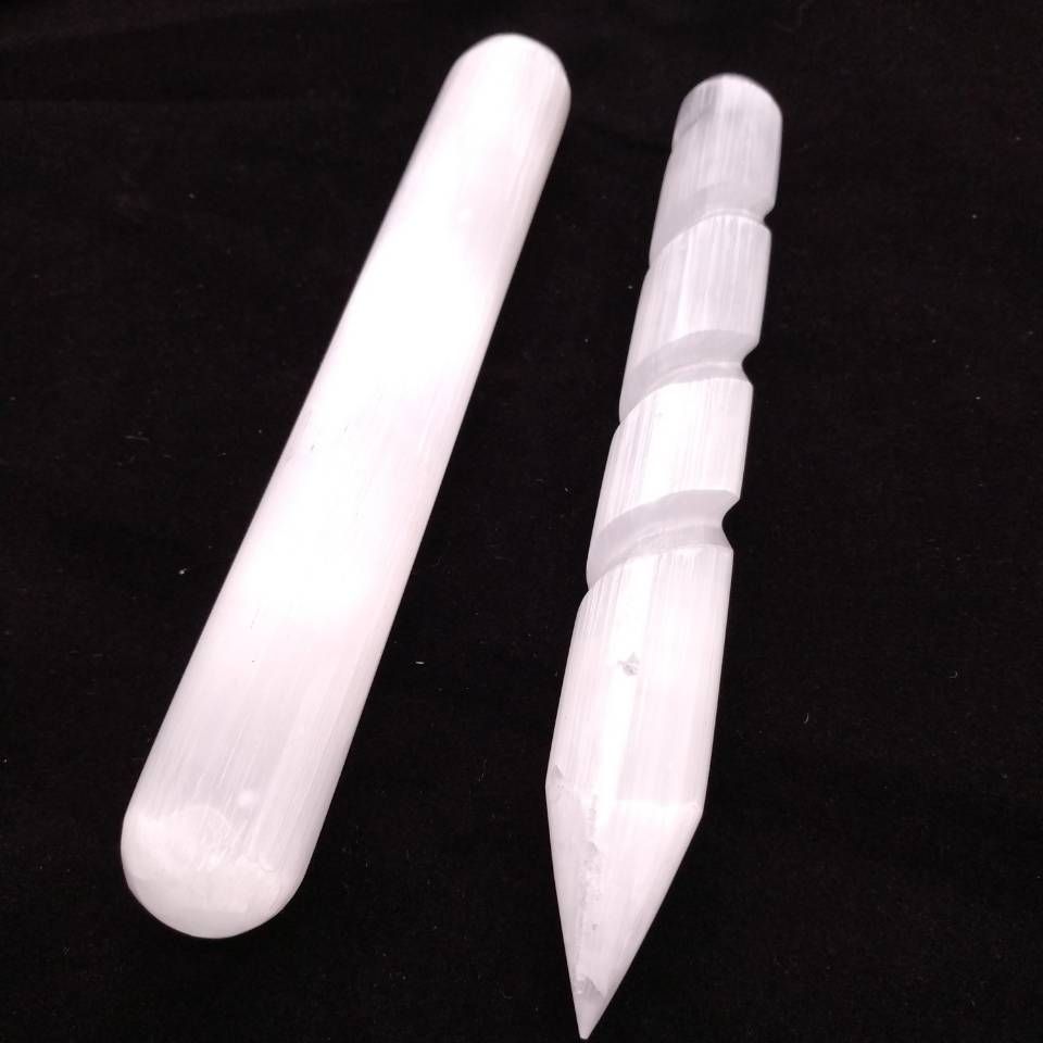 Selenite Crystal Massage Wand /" Spiral Polished Round /& Point Tip CHARGE CLEANSE