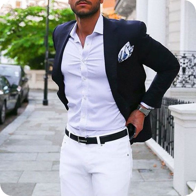 blue jacket and white pants