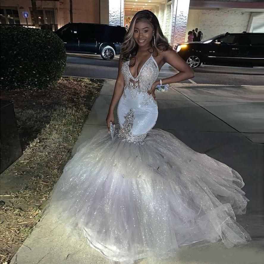White Beaded Sparkly Chiffon Mermaid Evening Party Celebrity Dress Prom Gown 