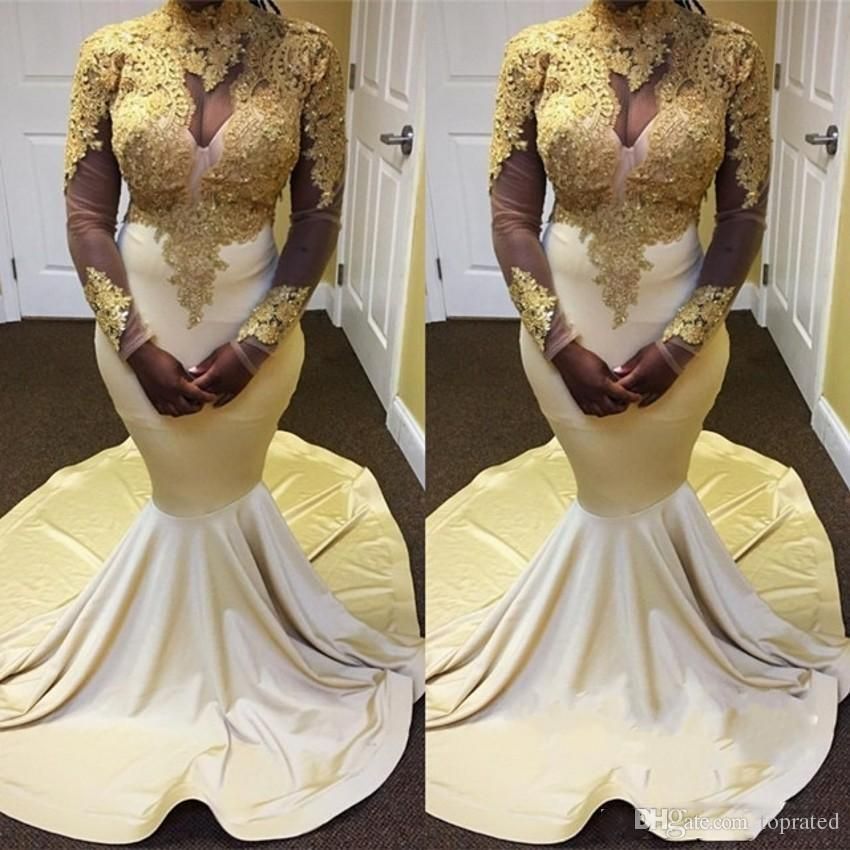 Elegant African Illusion Evening Dresses Long Sleeves High Neck Gold Lace Appliques Mermaid Prom
