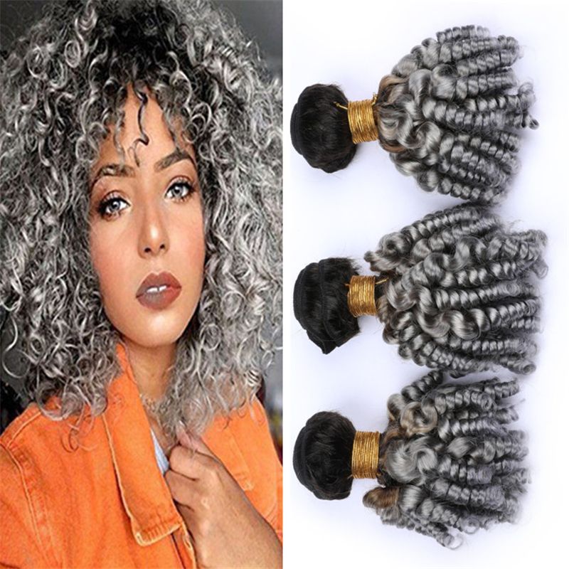 Ombre Grey Funmi Curly Hair Bundles Black And Gray Ombre Bouncy Spiral Curls Human Hair Weave Wefts Extensions Hair Weave For Black Women Black Weave