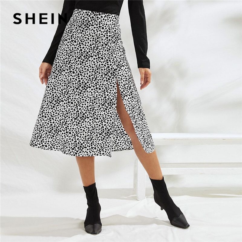 SheIn SheIn Blanco Y Negro Algo Sin imprimir Sexy Falda Muslo Split Funds 2021 Autumn Fashion Ladies Zipper Midi Una línea