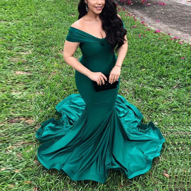 Compra 2021 Verde Esmeralda De La Sirena Vestidos De Prom Corte De Tren Off  The Simple Cuello Del Hombro V Llano Del Vestido Del Partido Del Vestido De  Noche Barato | Entrega