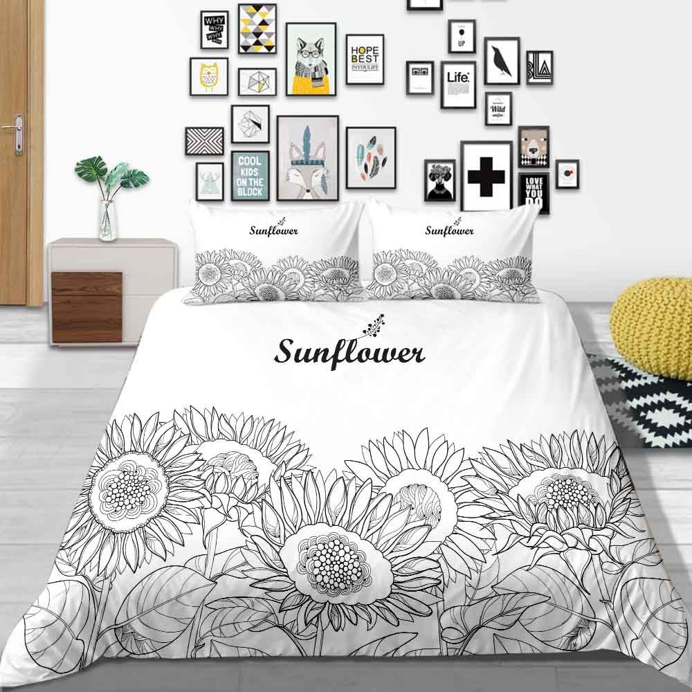 King Size Bedding Set Sunflowers Simple Artistic Duvet Cover White