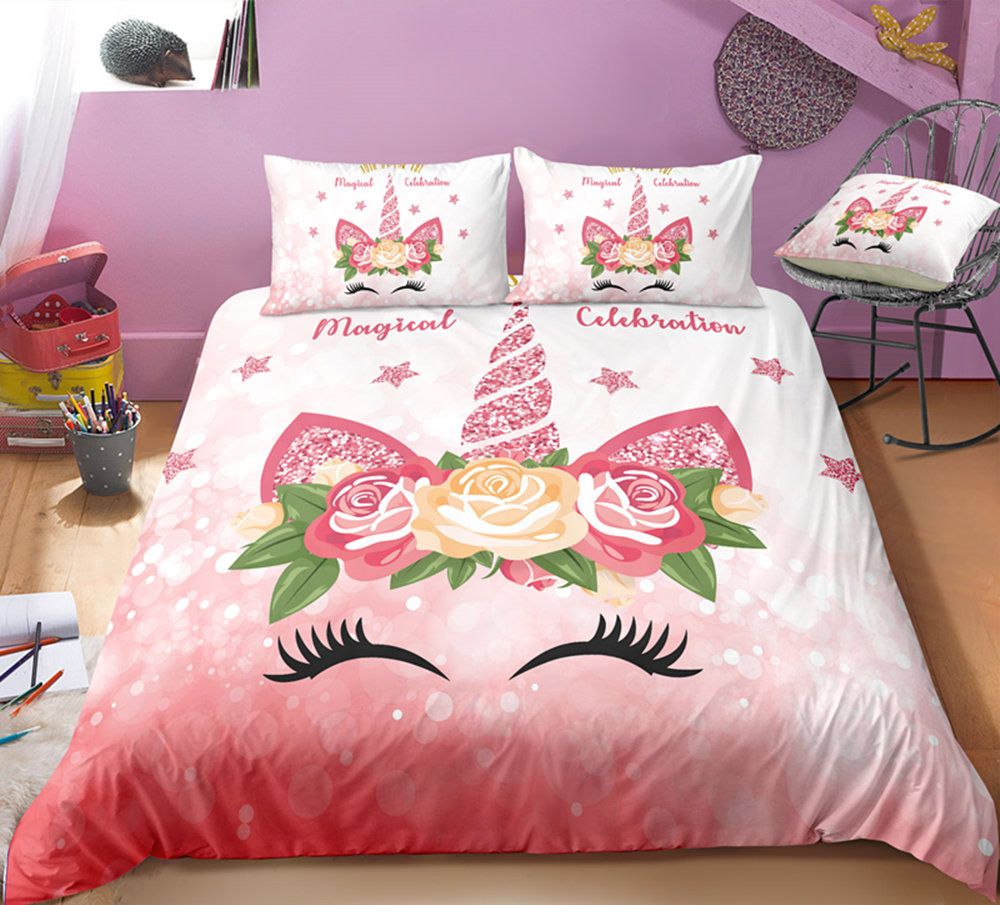 Strawberry Unicorn Sweet Kids Bedding, King Size Girl Bedding