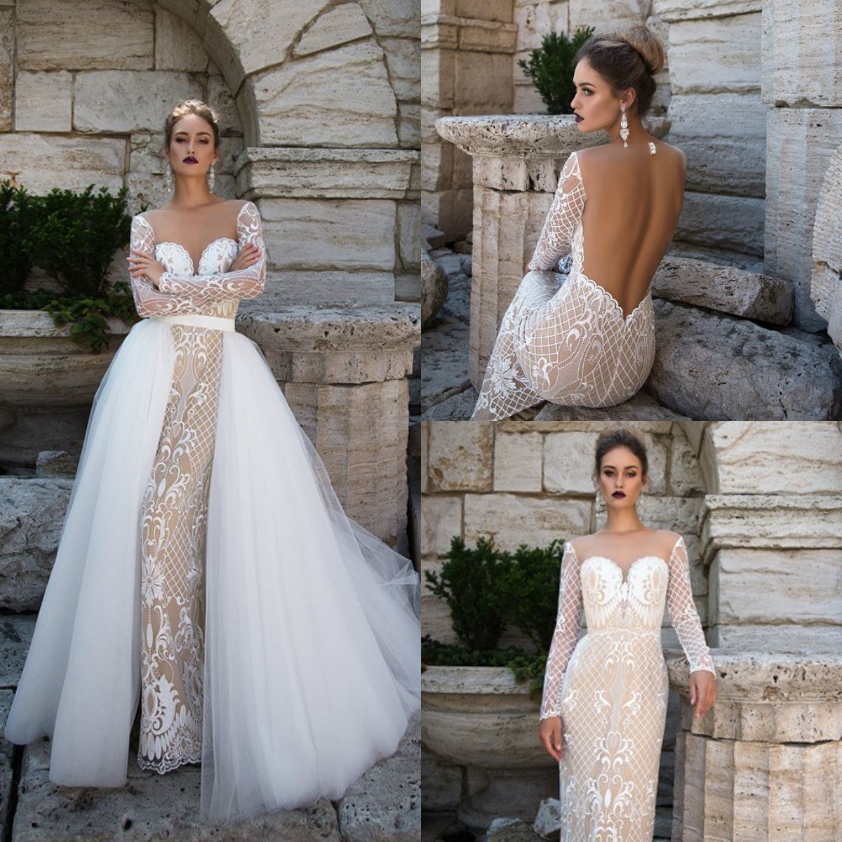 long sleeve wedding dress with overskirt
