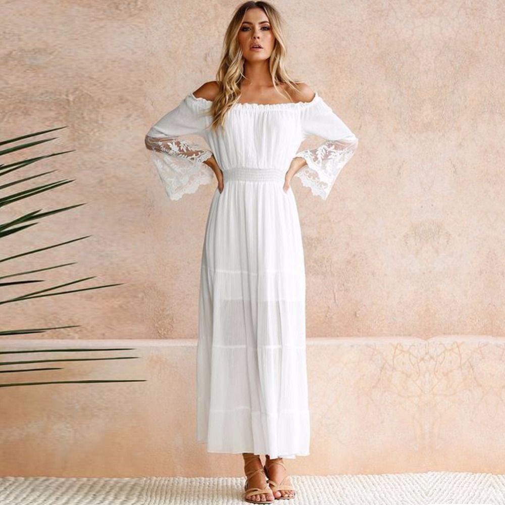 Acheter 2019 Robe Dété Dété Longues Femmes Robe De Plage Blanche Sans Manches à Manches Longues Lâche Sexy Off épaule Dentelle Boho Coton Maxi Dress