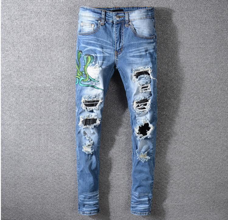 Mens Snake Embroidery Skinny Blue Jeans 