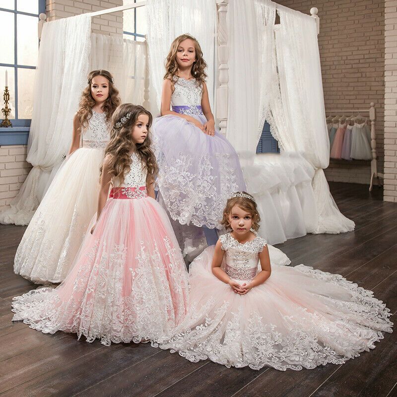 Wedding Flower Girl Kids Dress Appliques Communion Party Princess