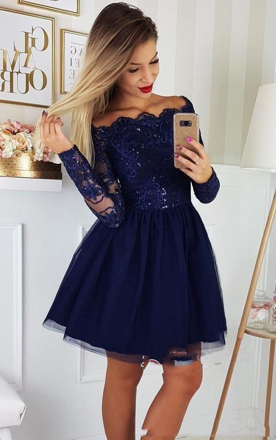 De Fiesta Cortos Azul Marino Vestidos Fiesta Elegantes De Encaje Con Hombros Descubiertos Vestido De Cóctel De Encaje De Manga Larga 2019 74,13 € | DHgate