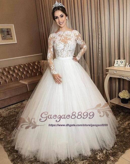Discount 2019 Vintage Sheer Lace Long Sleeve Wedding Dresses With Puffy Tulle Skirt Plus Size Floor Length Vestido De Noiva Custom Made Bridal Gowns