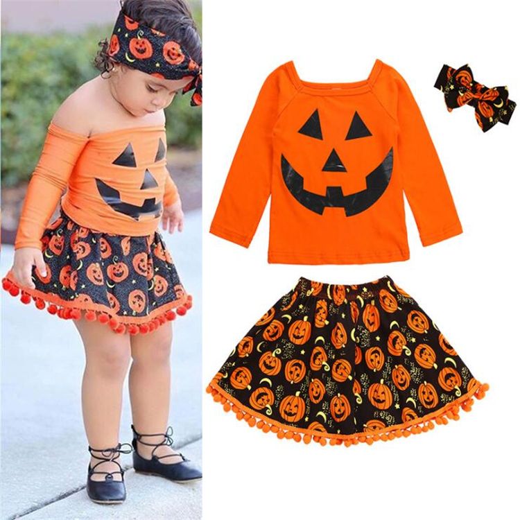 2020 Halloween Costumes Kids Clothing Sets 2 6T Baby Girls T Shirt+Skirt+Headwear Three Piece