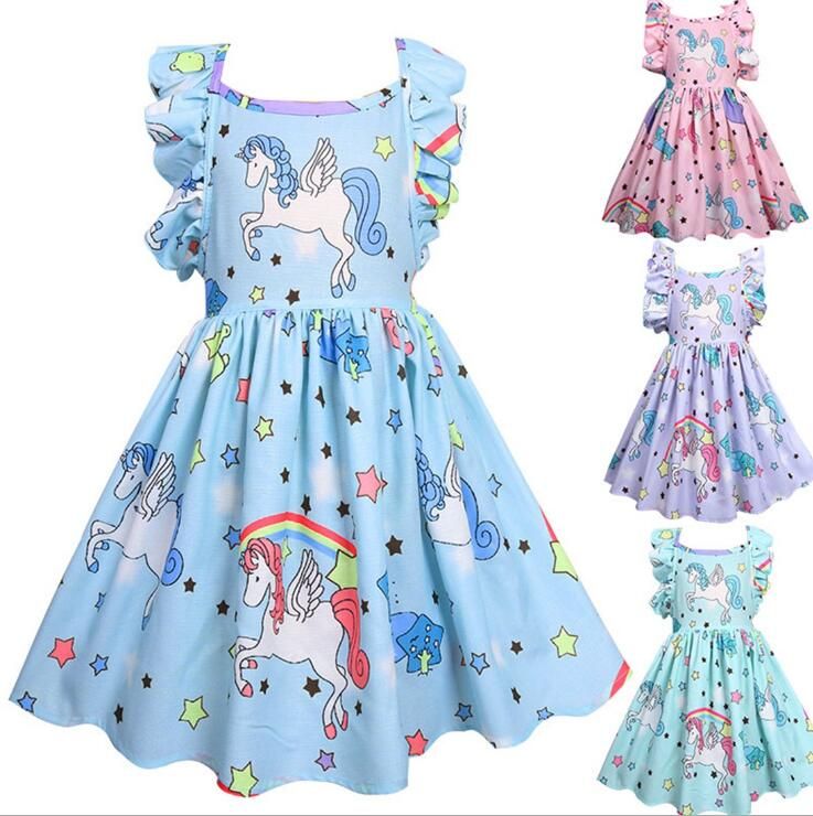 UK Lovely Kids Girls Unicorn Floral Dresses Sleeveless Cute A Line Dress 4-9Y