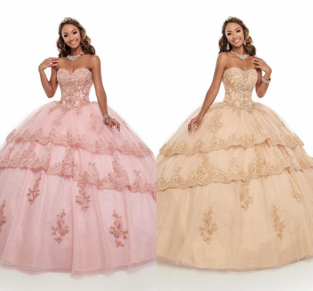 2021 Blush Pink Champagne Sweetheart Quinceanera Dresses Ball Gown Prom Dress Princess Tiered 