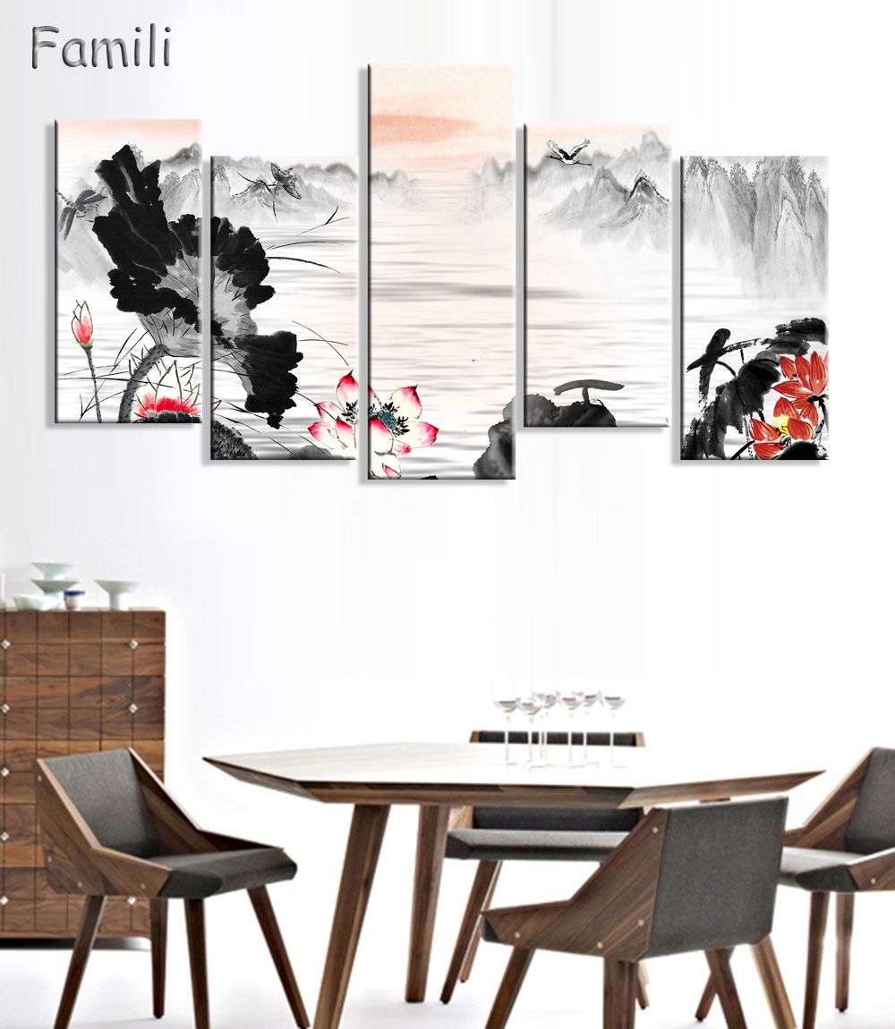 Compre 5 Paneles Paisaje Chino Lienzo Pintura Lienzo Cuadros