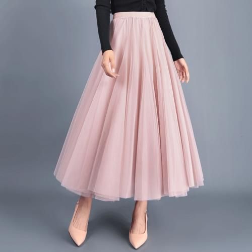 TingYiLi Otoño Falda Tul Gris Marrón Beige Rosa Negro Faldas Largas Falda Maxi Elegante De 52,83 € | DHgate