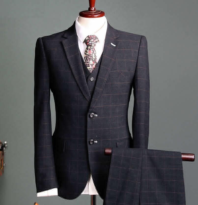 Custom 2018 Navy Check Slim Fit Men's Suits Groom Tuxedos Formal 38 40 42 44 
