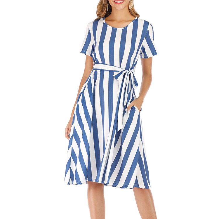 2020 Womens Striped Midi Dress Summer Short Sleeve Striped Casual