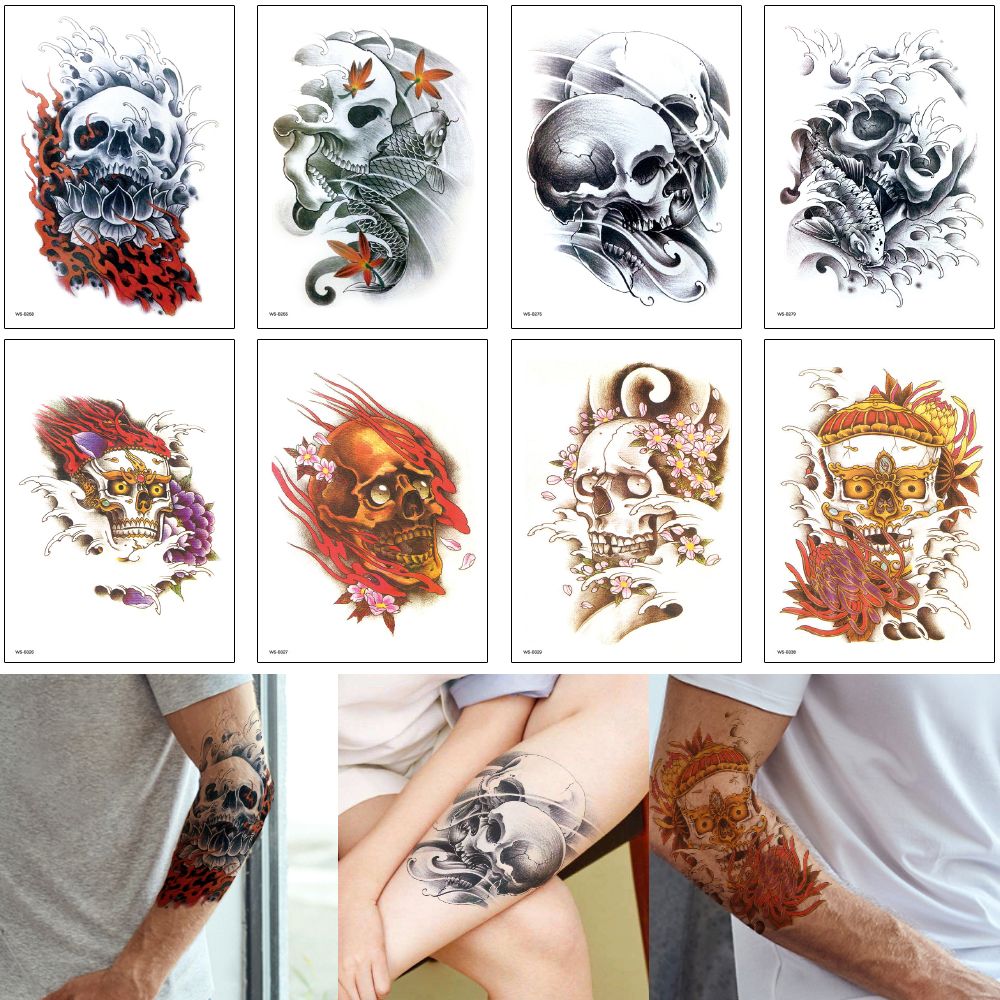 Temporary Tattoo Sticker Sketch Red Skull Head Lotus Flower Arm Leg Chest  Body Art Tattoo Design Summer Beach Party Makeup Transfer Paper 3D