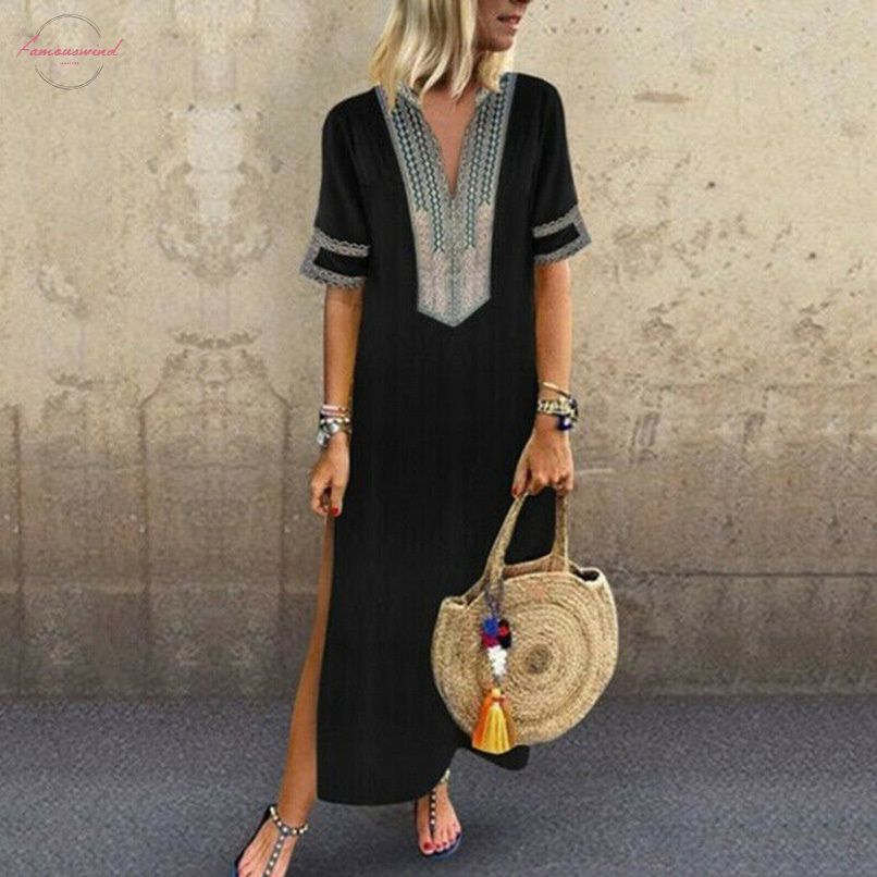 2020 New Boho Short Sleeve Maxi Dress 100 Cotton Women Print
