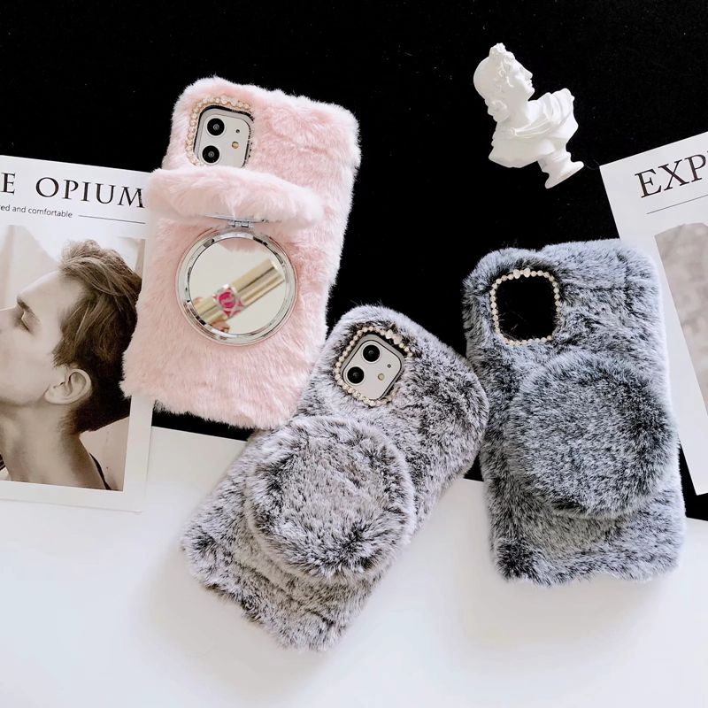 Makeup Mirror Rabbit Genuine Hair Case For Iphone 11 Pro Xr Xs Max X 8 7 6 Se 5 5s Bling Diamond Fluffy Fur Girl Soft Tpu Cute Holder Cover From Best8168 3 34 Dhgate Com