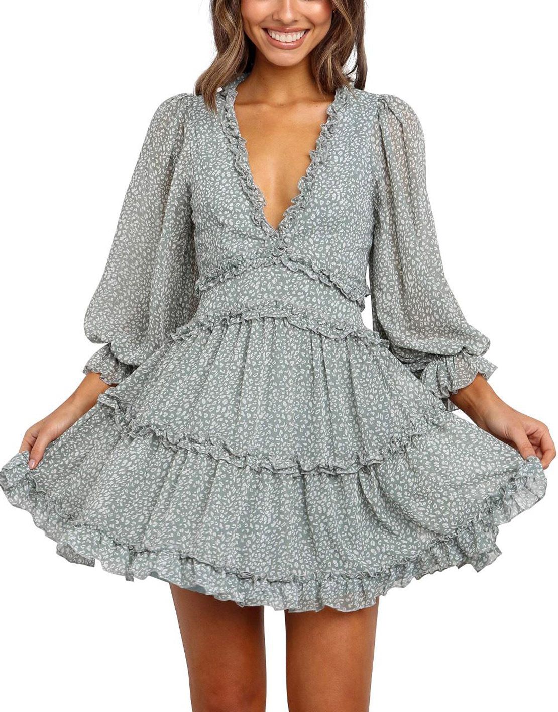 Women Mini Floral Dress Chiffon Long Sleeves Open Back Deep V Neck