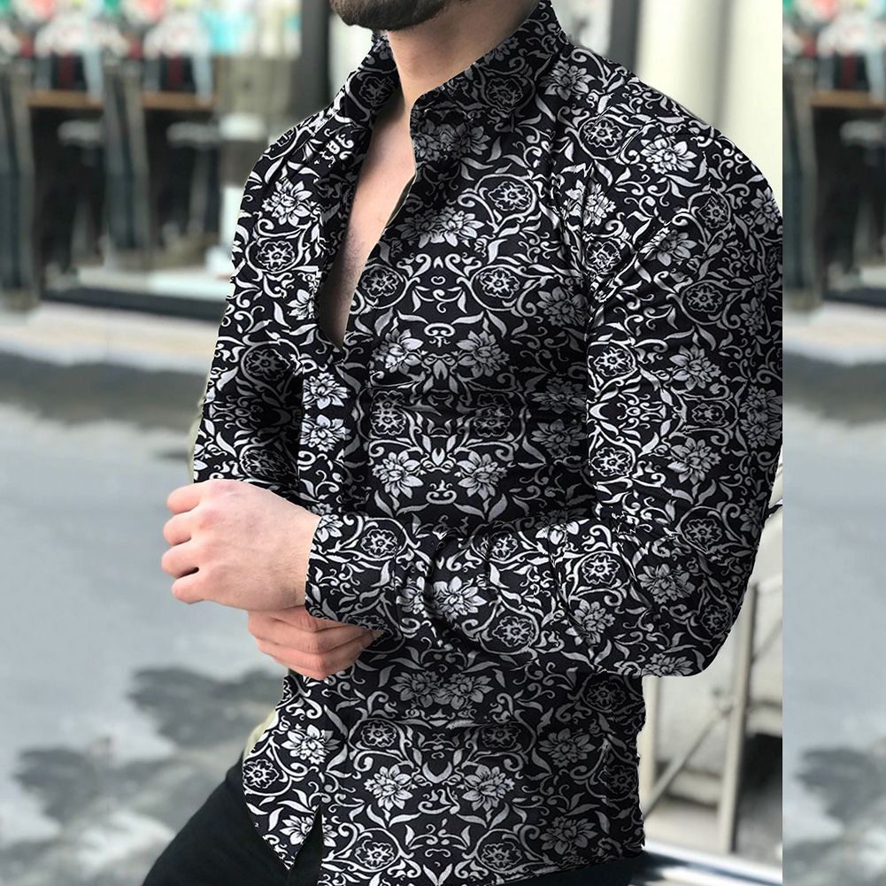 FreelyMen Long Sleeve Spring//Autumn Lapel Collar Floral Trim-Fit Longshirt